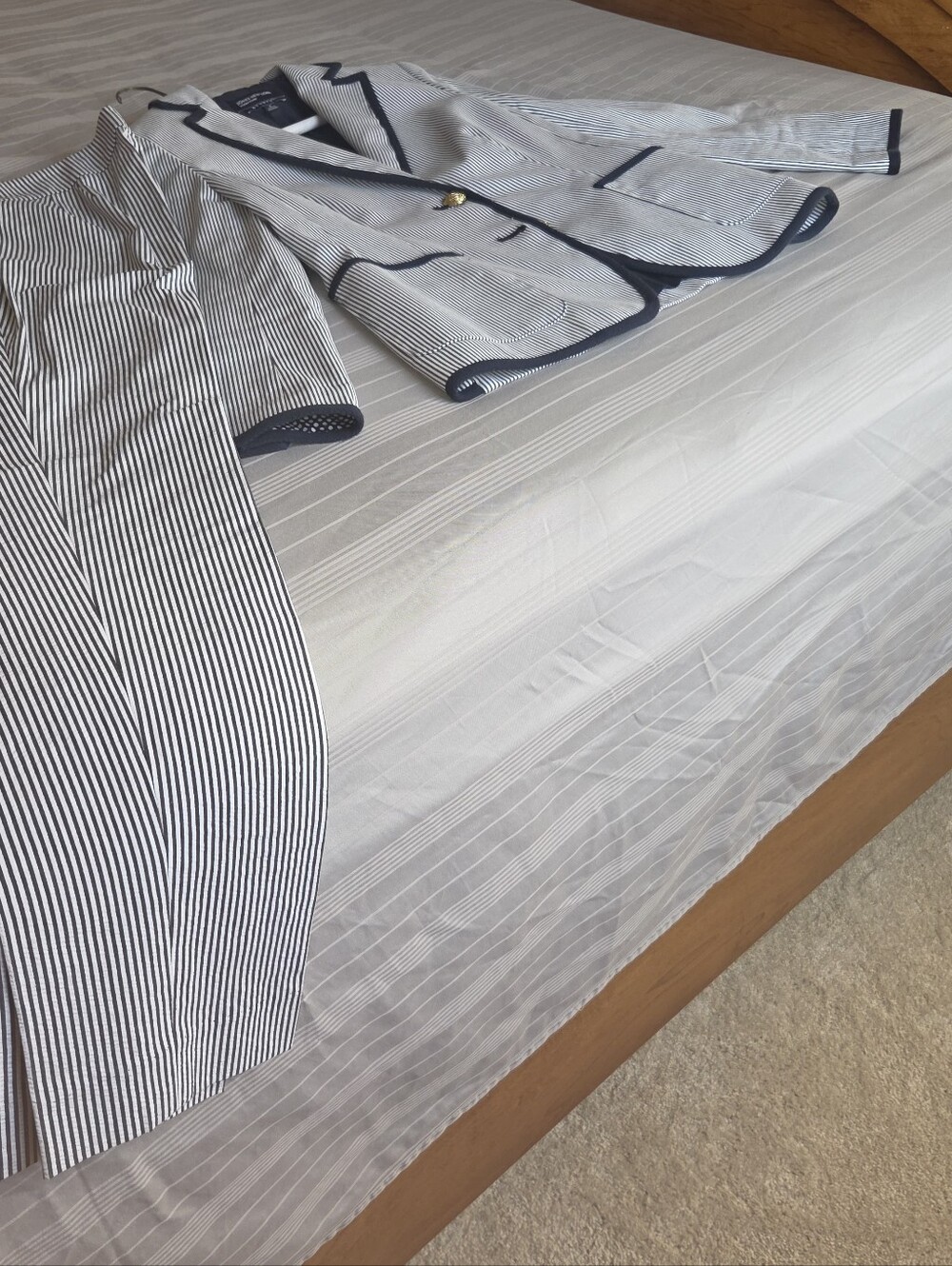 Striped Searsucker Pants Suit with Navy Trim (Fabric Stretches) - Picture 3 of 3